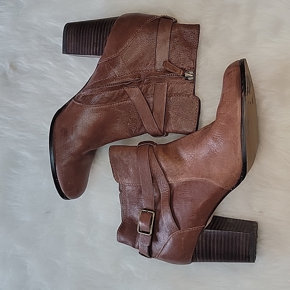 COLE HAAN Grand OS Brown Leather Harness Buckle Zip Block Heel Ankle Bootie Boot